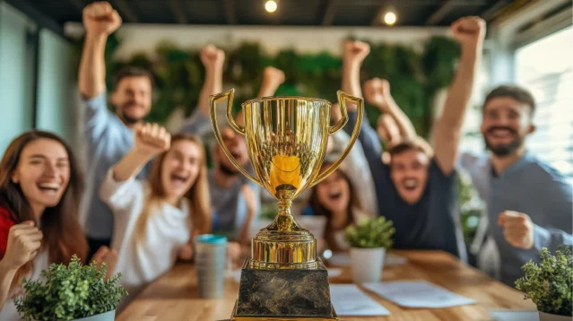 Collega's vieren feest rond een beker na het winnen van hun voetbalpool